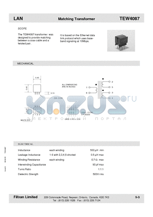 TEW4087 datasheet - LAN Matching Transformer