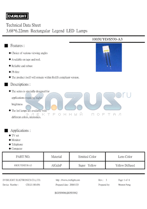 S530-A3 datasheet - 3.68*6.22mm Rectangular Legend LED Lamps