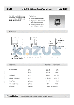 TEW4229 datasheet - U-BUS/DNIC Input/Ouput Transformer