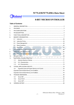 W77LE58_07 datasheet - 8-BIT MICROCONTROLLER