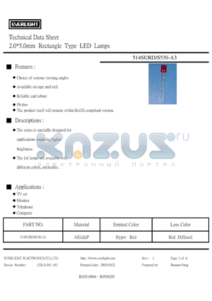 S530-A3 datasheet - 2.0*5.0mm Rectangle Type LED Lamps