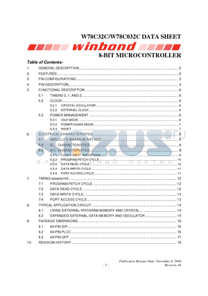 W78C032C datasheet - 8-BIT MICROCONTROLLER