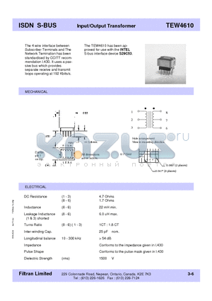 TEW4610 datasheet - ISDN S-BUS Input/Output Transformer