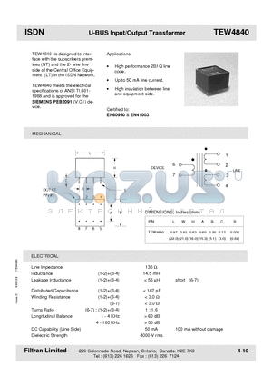 TEW4840 datasheet - ISDN U-BUS Input/Output Transformer