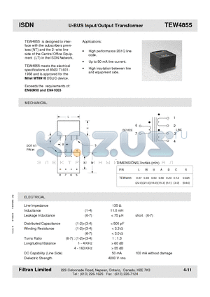 TEW4855 datasheet - ISDN U-BUS Input/Output Transformer