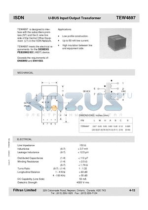 TEW4897 datasheet - ISDN U-BUS Input/Output Transformer