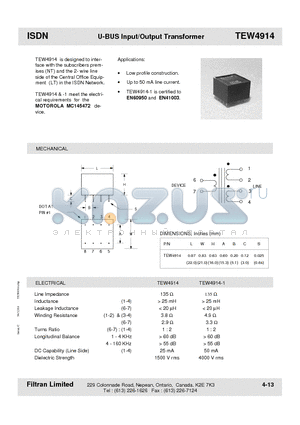 TEW4914 datasheet - ISDN U-BUS Input/Output Transformer