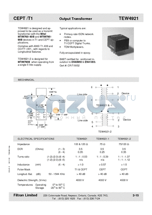 TEW4921 datasheet - CEPT /T1 Output Transformer