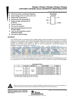 TPS76425DBVT datasheet - LOW-POWER LOW-NOISE 150-mA LOW-DROPOUT LINEAR REGULATORS