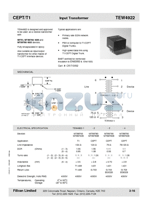 TEW4922 datasheet - CEPT/T1 Input Transformer