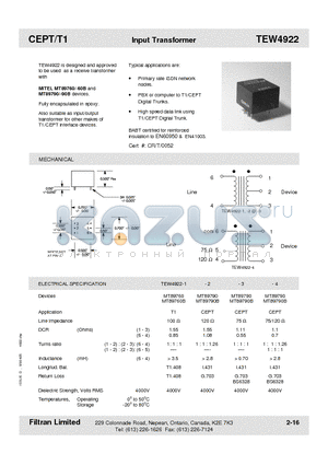 TEW4922-1 datasheet - CEPT/T1 Input Transformer