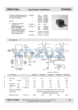 TEW4923 datasheet - ISDN S-Bus Input/Output Transformer