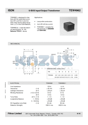 TEW4962 datasheet - ISDN U-BUS Input/Output Transformer