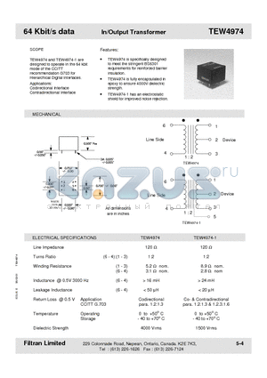 TEW4974-1 datasheet - 64 Kbit/s data In/Output Transformer