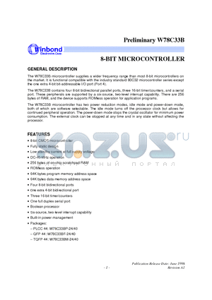 W78C33B-24 datasheet - 8-BIT MICROCONTROLLER