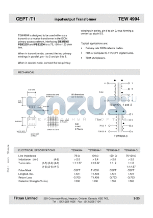 TEW4994 datasheet - CEPT /T1 input/output Transformer