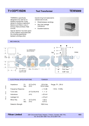 TEW5009 datasheet - T1/CEPT/ISDN Test Transformer
