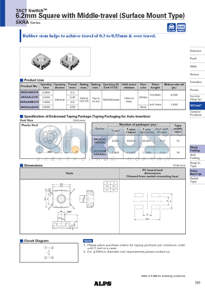 SKRAAKE010 datasheet - 6.2mm Square with Middle-travel (Surface Mount Type)