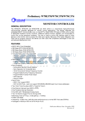 W78C378P datasheet - MONITOR MICROCONTROLLER