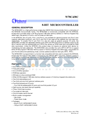 W78C438C datasheet - 8-BIT MICROCONTROLLER