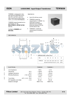 TEW5039-1 datasheet - ISDN U-BUS/DNIC Input/Output Transformer