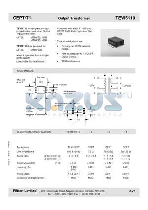 TEW5110-2 datasheet - CEPT/T1 Output Transformer