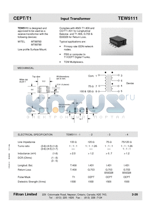 TEW5111 datasheet - CEPT/T1 Input Transformer