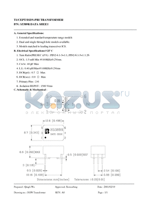 S5389R datasheet - T1/CEPT/ISDN-PRI TRANSFORMER