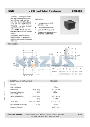 TEW5252 datasheet - ISDN U-BUS Input/Output Transformer