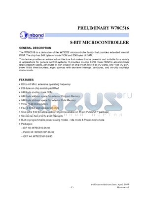 W78C516F-40 datasheet - 8-BIT MICROCONTROLLER