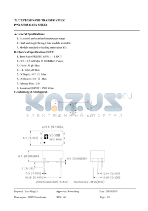 S5388 datasheet - T1/CEPT/ISDN-PRI TRANSFORMER