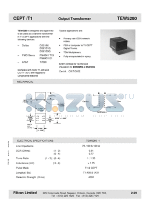 TEW5280 datasheet - CEPT /T1 Output Transformer