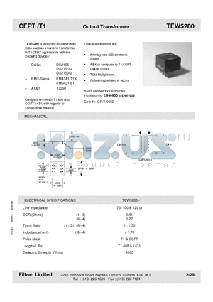 TEW5280-1 datasheet - CEPT /T1 Output Transformer