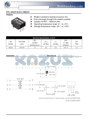 S5415 datasheet - T1/CEPT/ISDN-PRI TRANSFORMER