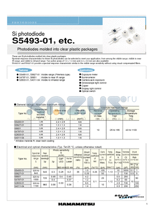 S5493-01 datasheet - Photodiodes molded into clear plastic packages