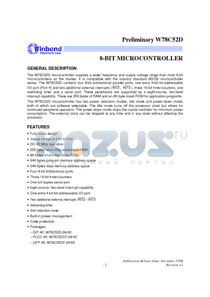 W78C52D-24 datasheet - 8-BIT MICROCONTROLLER