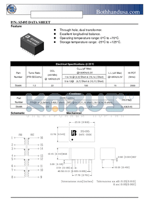 S5495 datasheet - ISDN S-INTERFACE TRANSFORMER