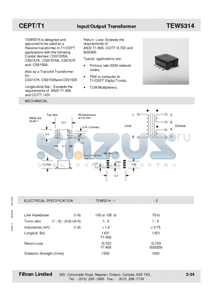 TEW5314-1 datasheet - CEPT/T1 Input/Output Transformer
