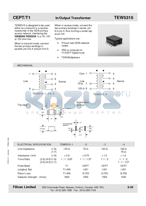 TEW5315 datasheet - CEPT/T1 In/Output Transformer