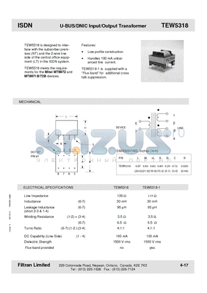 TEW5318 datasheet - ISDN U-BUS/DNIC Input/Output Transformer