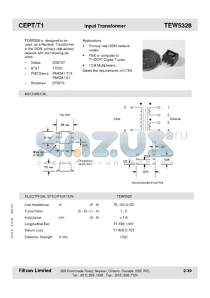 TEW5328 datasheet - CEPT/T1 Input Transformer