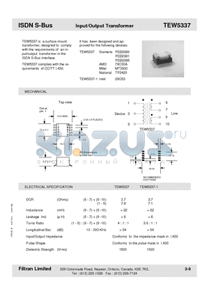 TEW5337 datasheet - ISDN S-Bus Input/Output Transformer