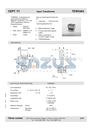 TEW5363-1 datasheet - CEPT /T1 Input Transformer