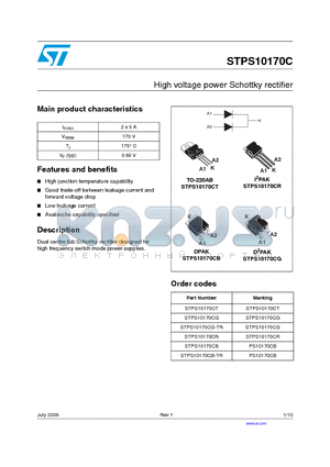 STPS10170CB-TR datasheet - High voltage power Schottky rectifier