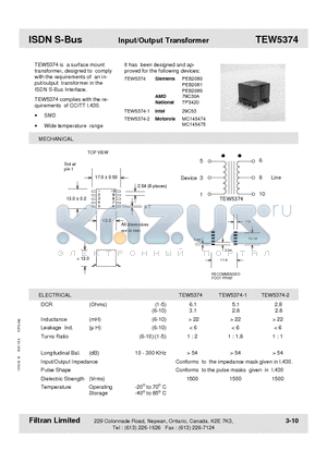 TEW5374-1 datasheet - ISDN S-Bus Input/Output Transformer