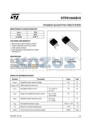 STPS1045B datasheet - POWER SCHOTTKY RECTIFIER