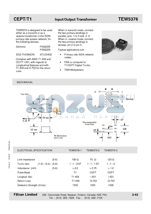 TEW5376-3 datasheet - CEPT/T1 Input/Output Transformer