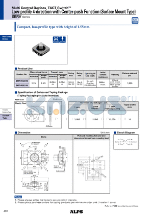 SKRVABE010 datasheet - Low-profile 4-direction with Center-push Function (Surface Mount Type)