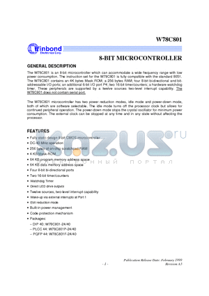 W78C801P-24 datasheet - 8-BIT MICROCONTROLLER