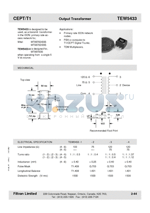 TEW5433-1 datasheet - CEPT/T1 Output Transformer